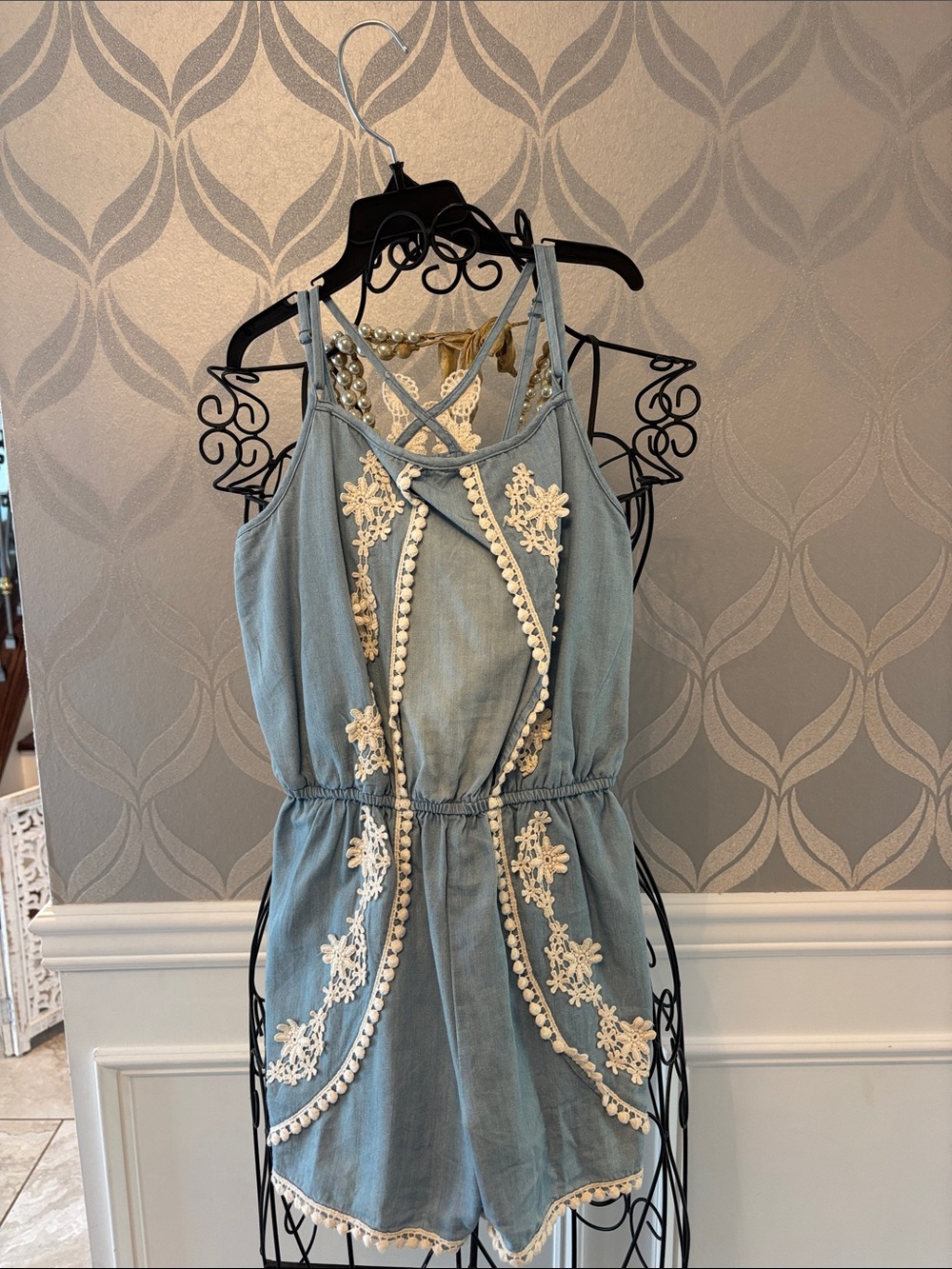 Hannah Banana Light Blue Embroidered Romper with Cream Trim